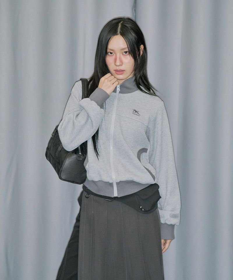 Sporty Waffle Round Pocket Zip-Up - MELANGE GRAY