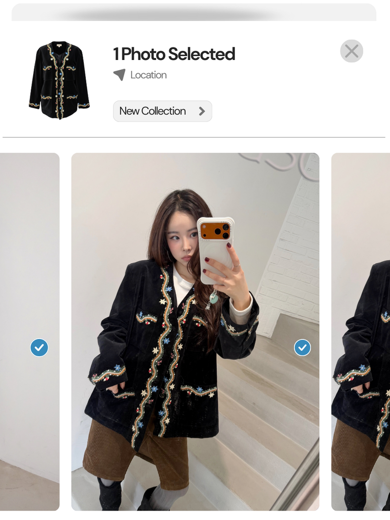 French velvet embroidered no collar jacket