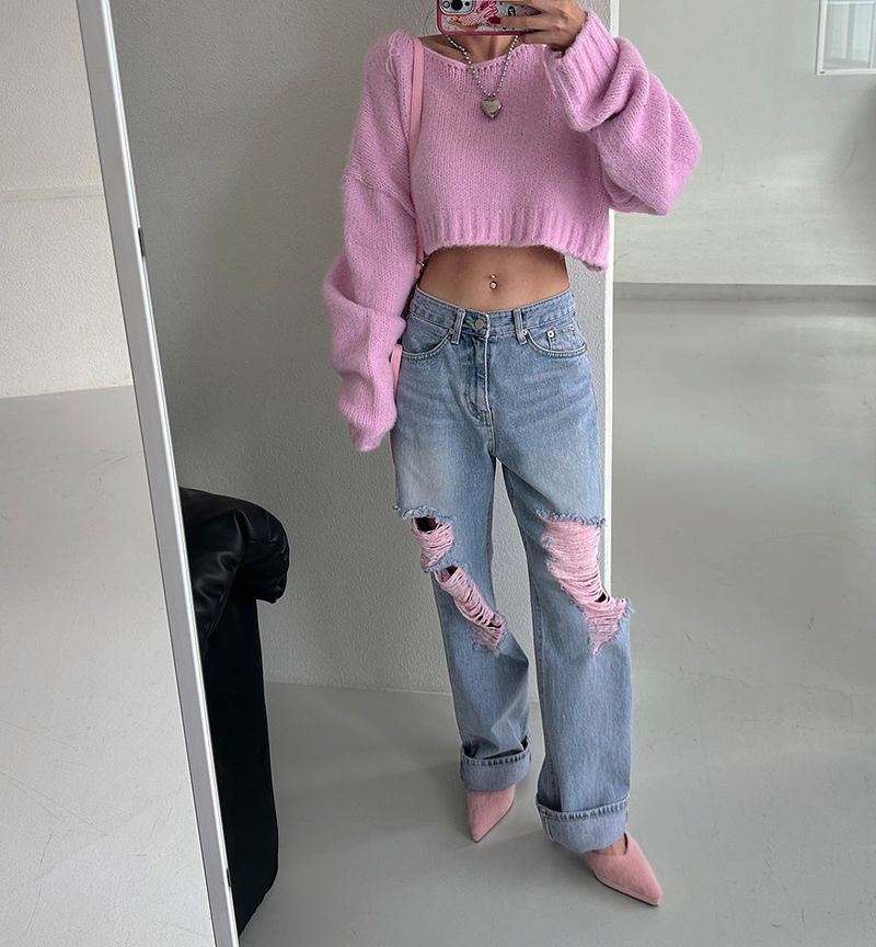 Pink Damage Wide Jeans