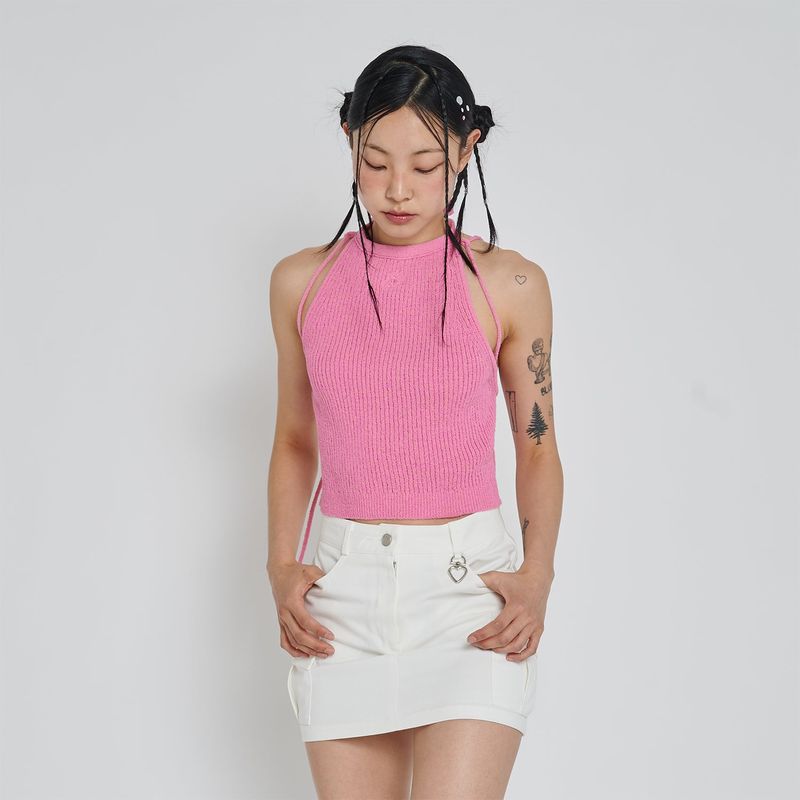 UNUSUALNORMAL（アンユージュアルノーマル）の「BOOKLE HALTER KNIT TOP_PINK（Tops）」