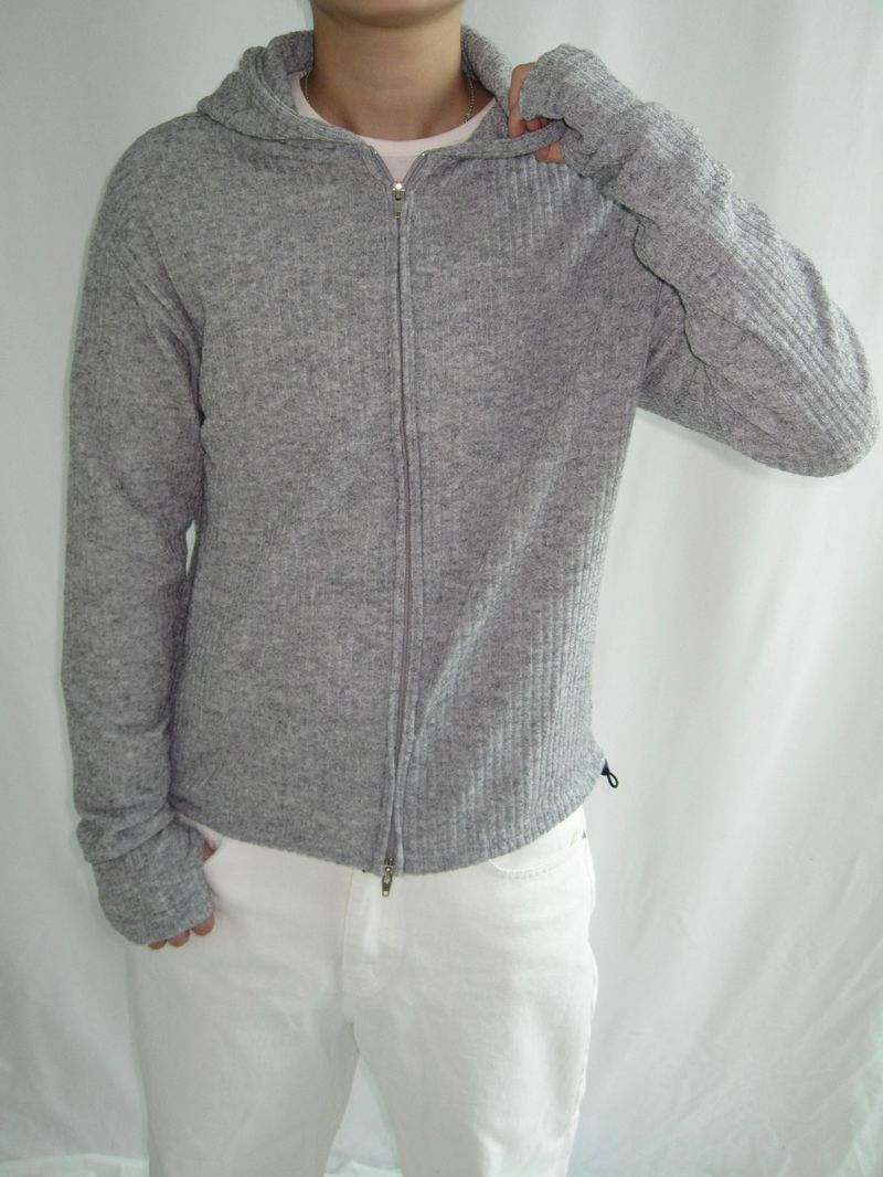 Slim Fit Finger Hole Ribbed Cropped Hood Zip-Up (2c)