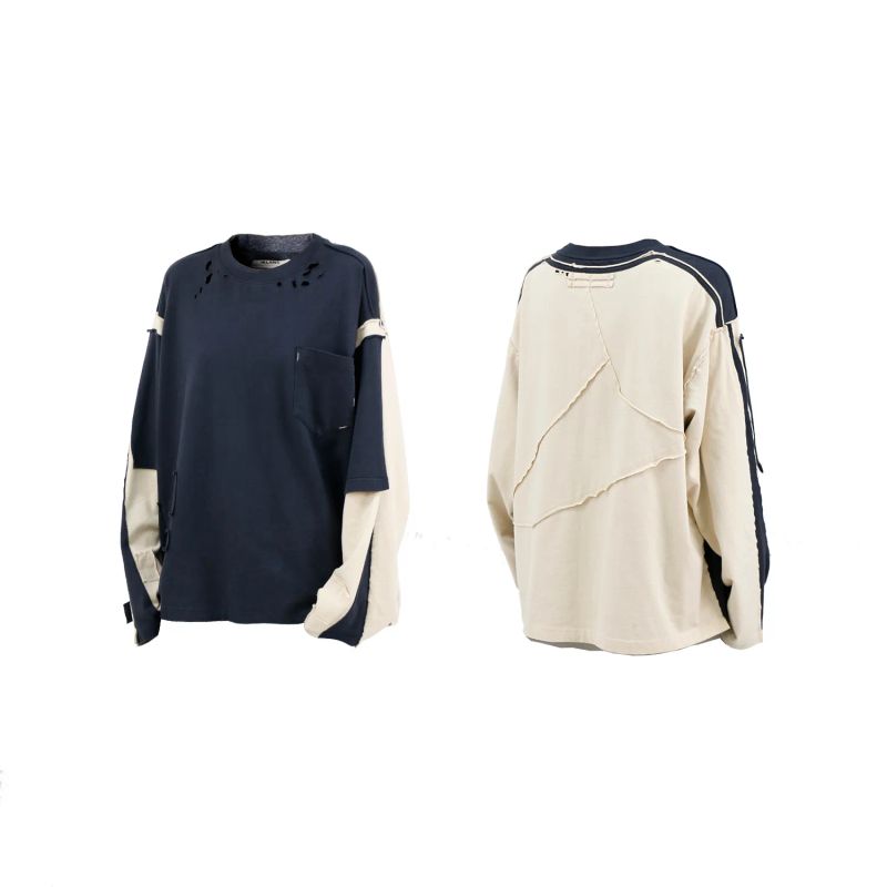 RELABEL(DIGGER GAP) multi-layer ragged patchwork fabric with holes, washed and aged, round-neck sweater made of 100% cotton