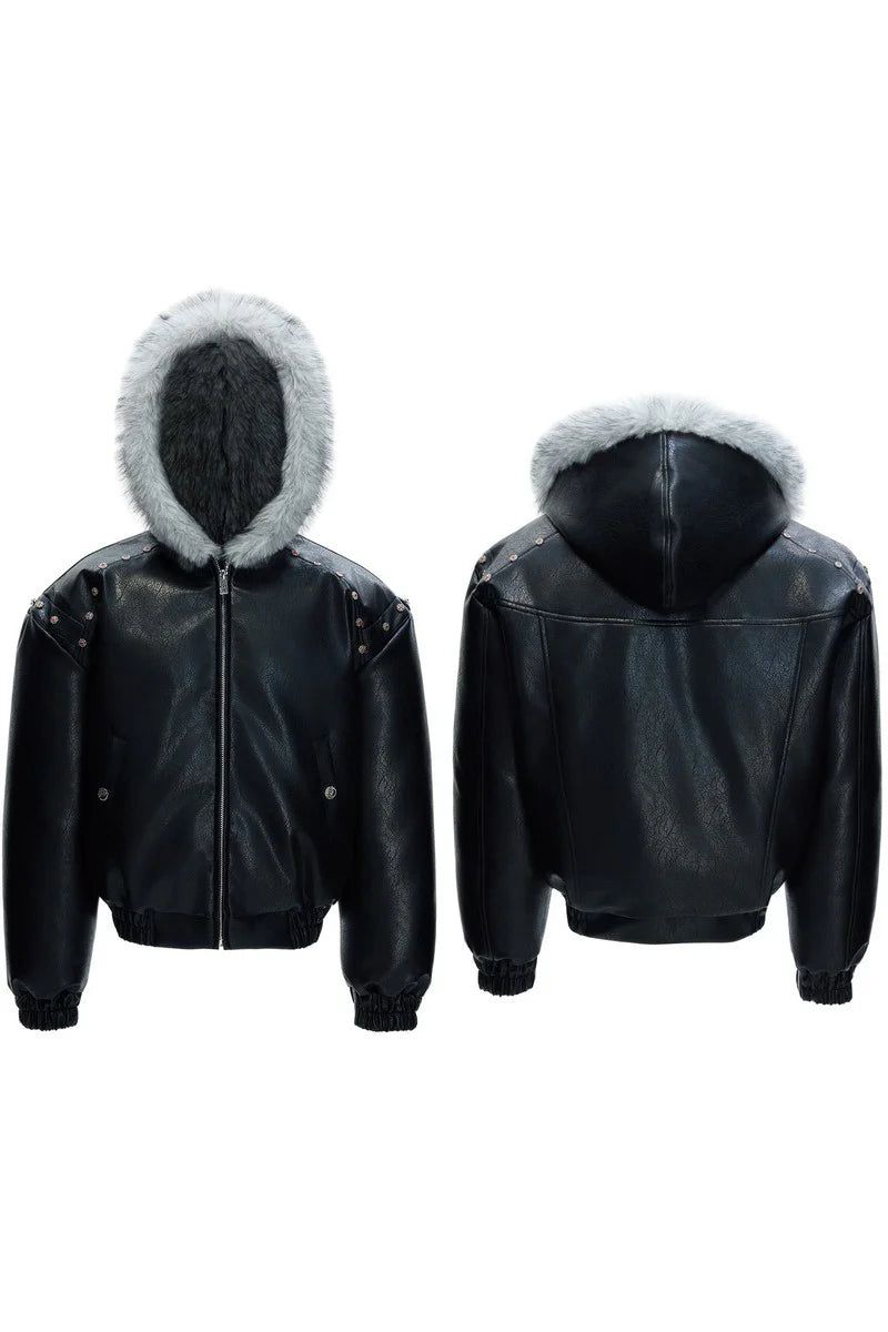 Hooded Leather Puffer Jacket