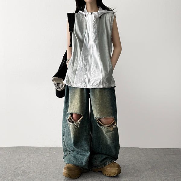 I-Nylon Coloring Hooded Vest Zip-Up