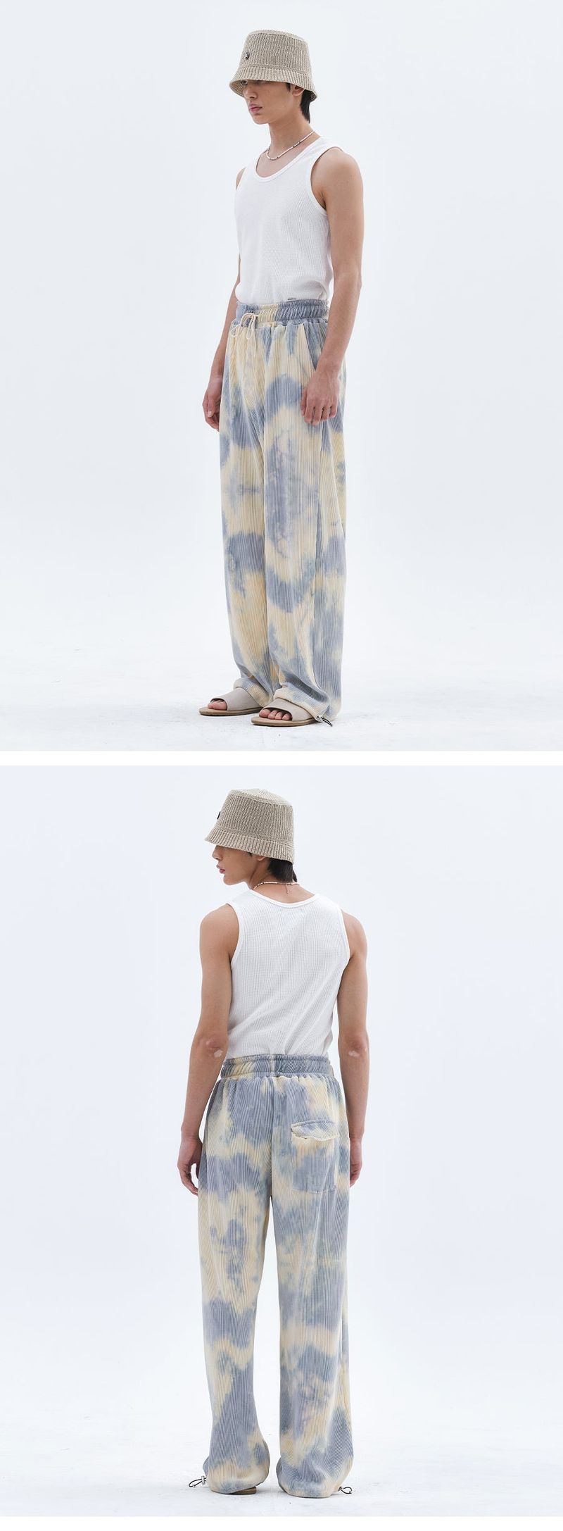 Unisex Tie-Dye Pleats String Pants_Cream