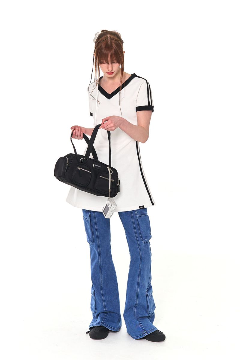 CARGO BOOTS CUT DENIM PANTS (BLUE)