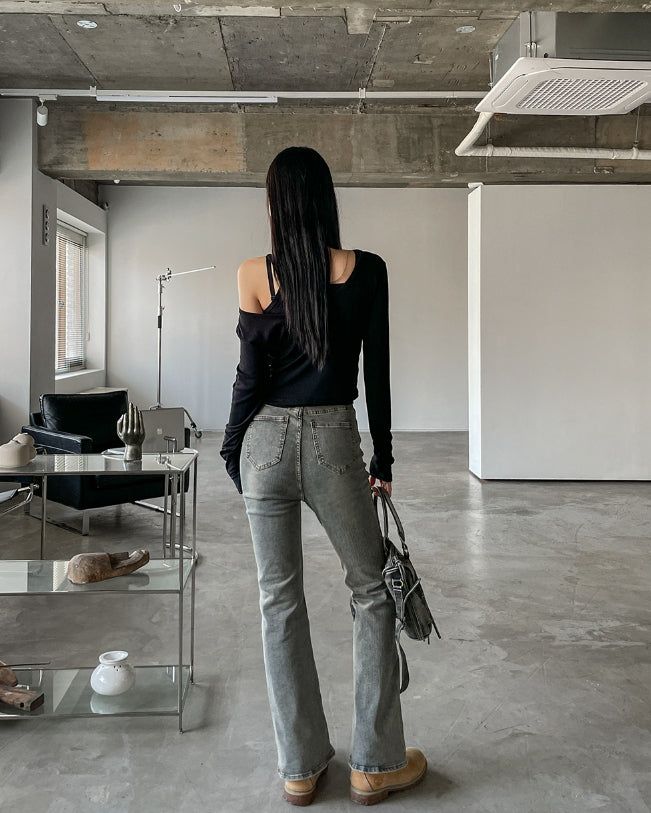 Grayish Washing Bootcut Denim Pants