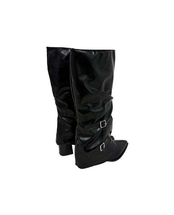 Double Buckle Shirred Stiletto Long Boots