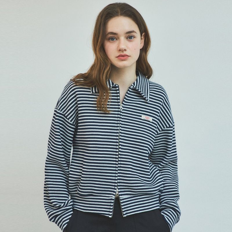 Stripe Tweed Waffle Zip-Up_Navy