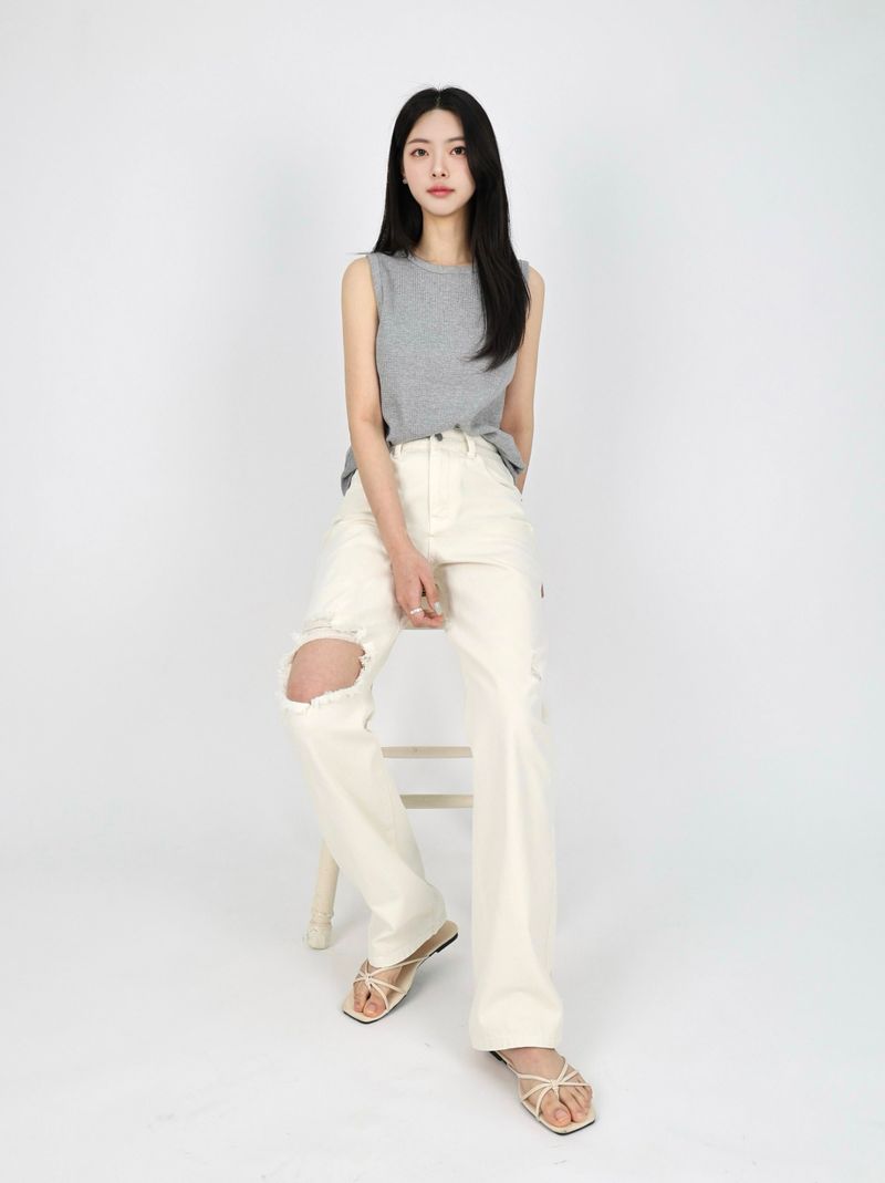 DESTROYED SLIM WIDE FIT DYING PANTS_ Cream White code 6836
