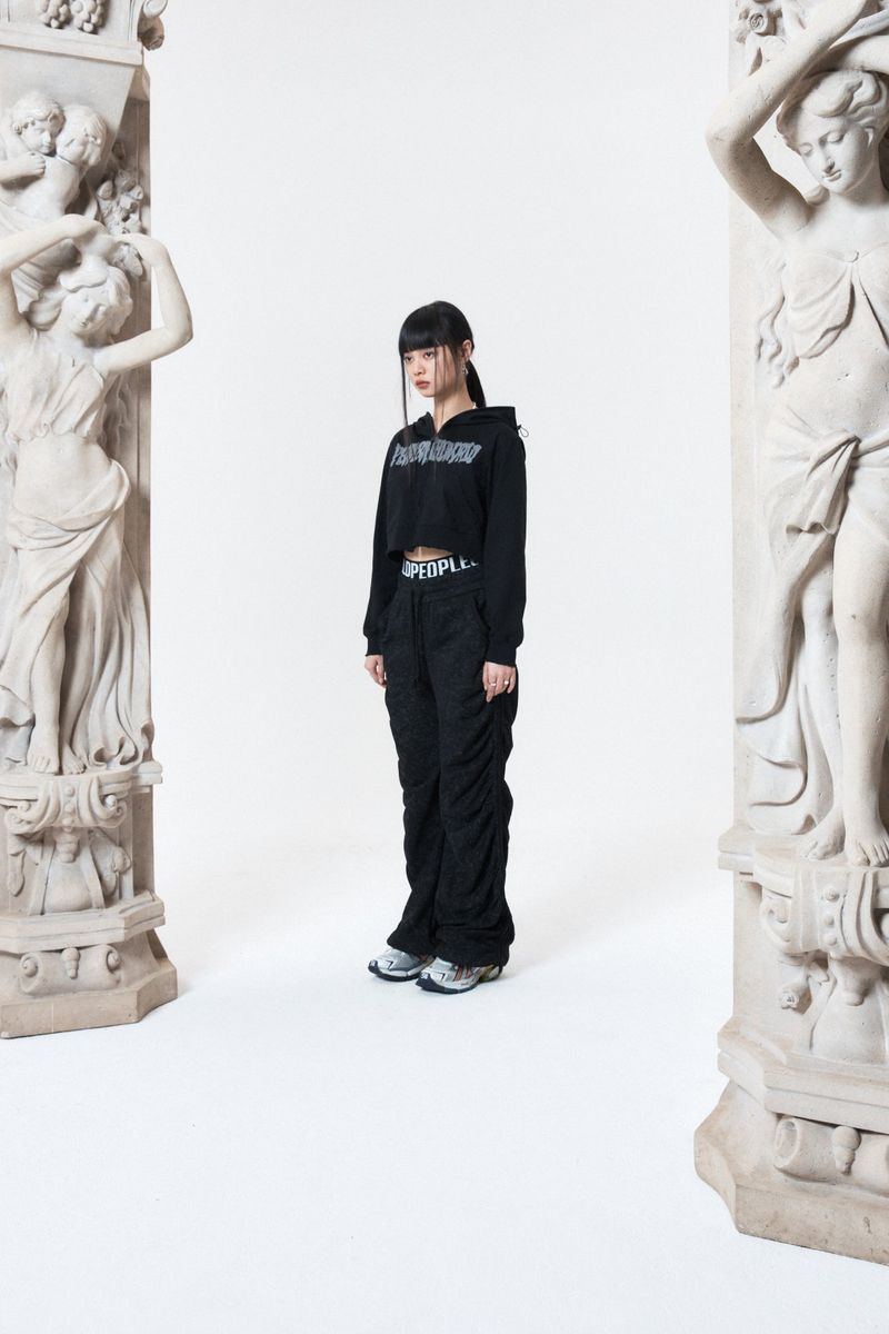 shirring wide banded pants (BLACK)