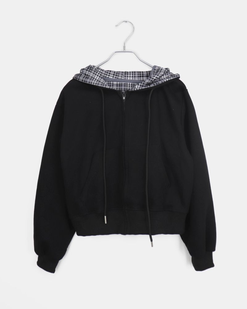 Mchi Check Color-Block Long Sleeve Hoodie Zip-Up