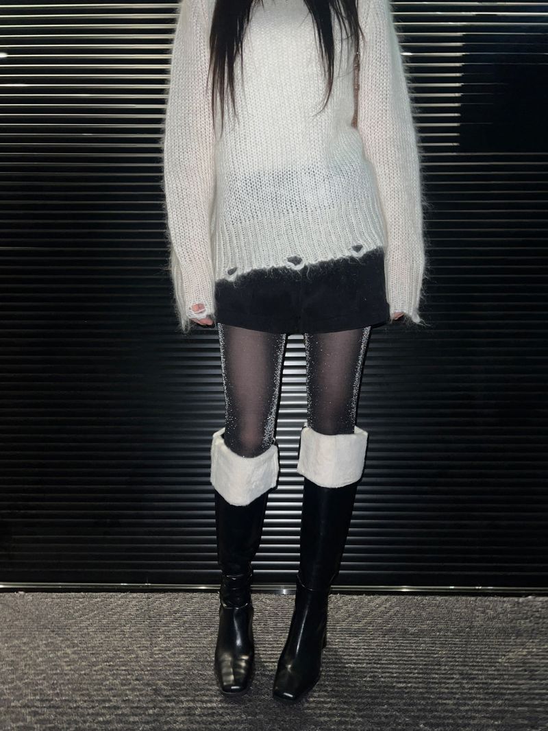 Square toe mink fur long boots (2 Color)