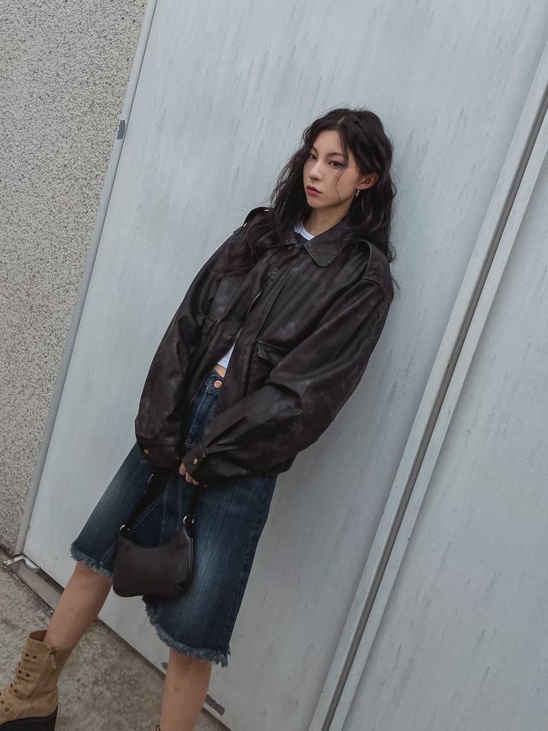 (UNISEX) グリフウォッシングレザー航空ジャンパー