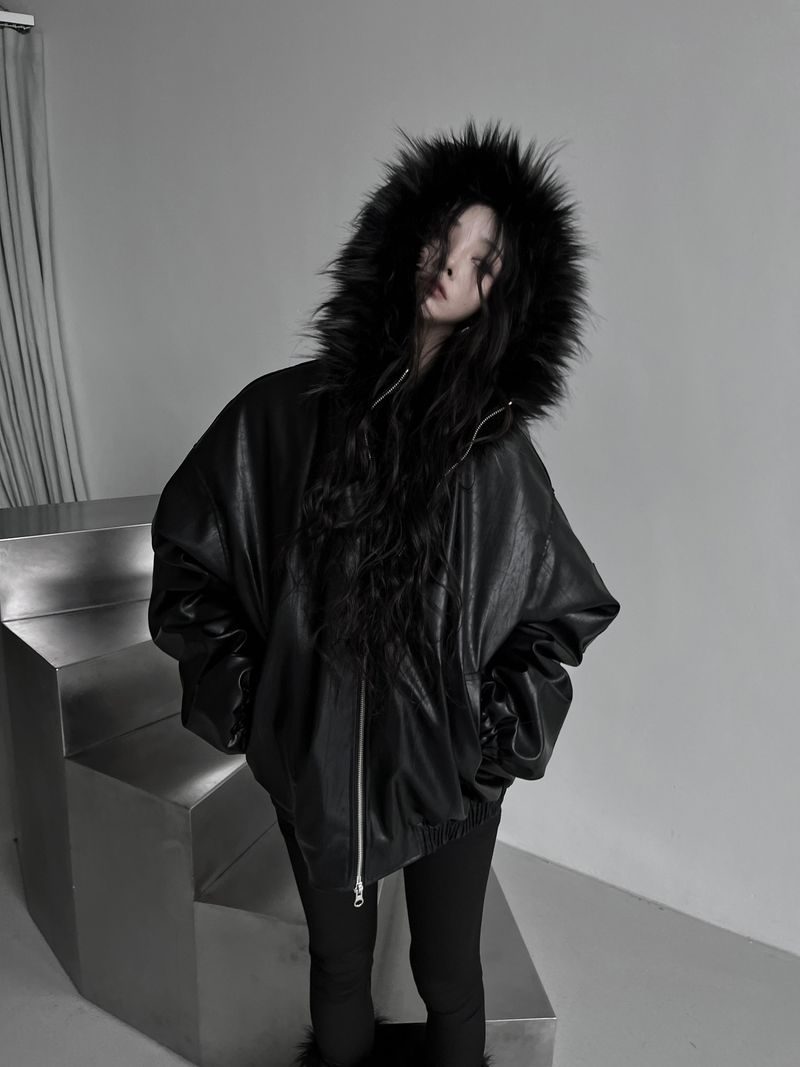 overfit fur hood leather jacket