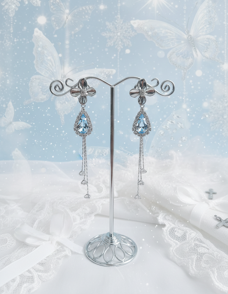 Silver Flower and Teardrops Piercing - Light Sapphire