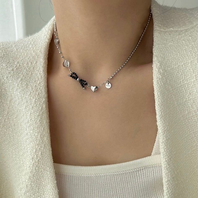 bru Ballet Core Stainless Steel Titanium Ribbon Black Beads Heart Short Layered Necklace