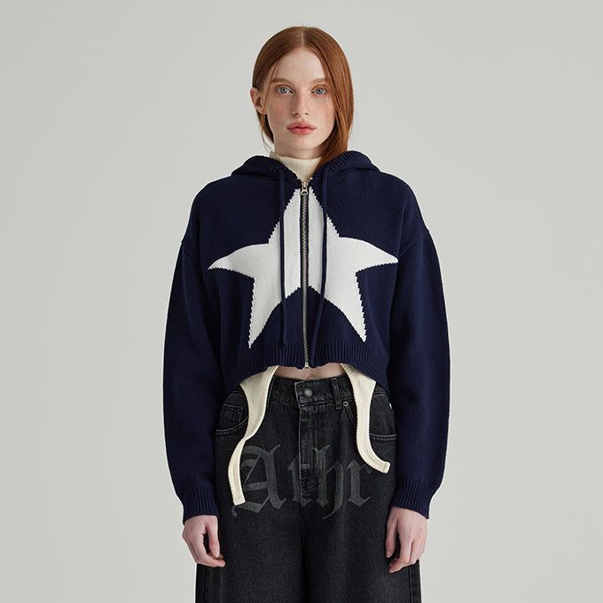 ANDTHEOTHER(アンドジアザー)の「NAVY STARS KNIT HOOD ZIP-UP(Tops)」