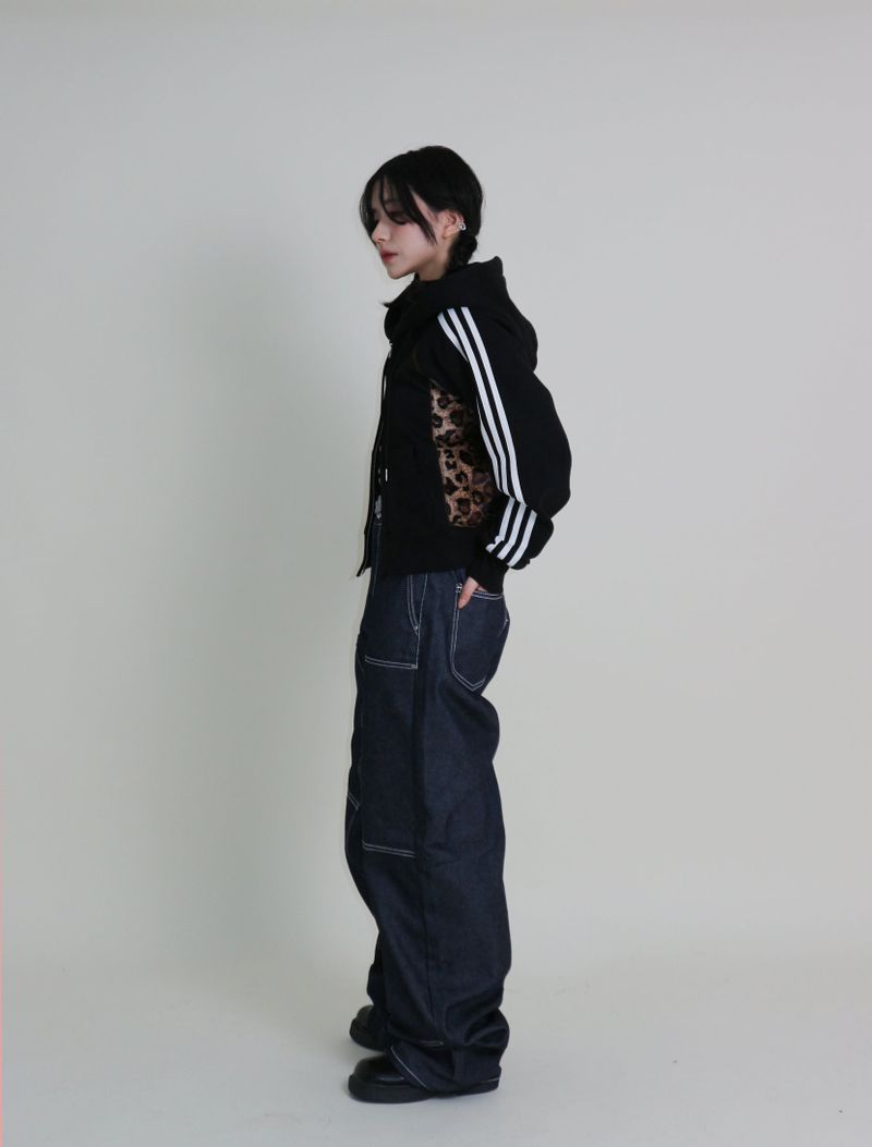 Kai Leopard Coloring Two Lines Cropped Napping Hood Zip-Up (Napping Lining)