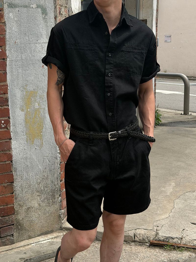 [SET UP가능] Roll up denim half shirts(2color)