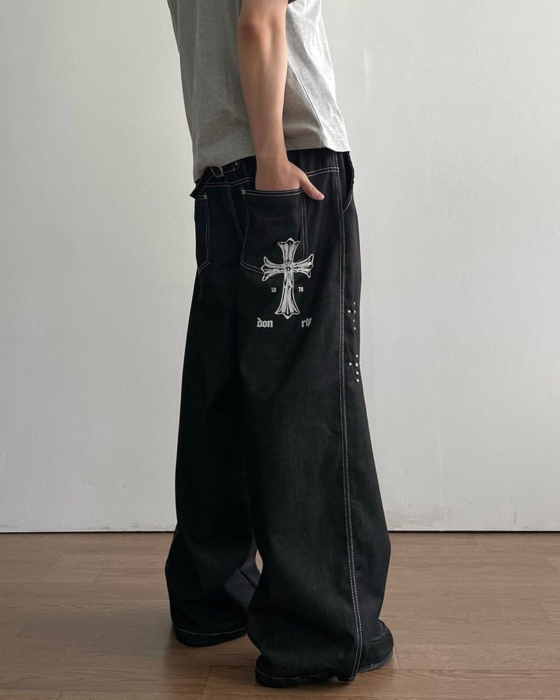 Cross Printing Denim Pants
