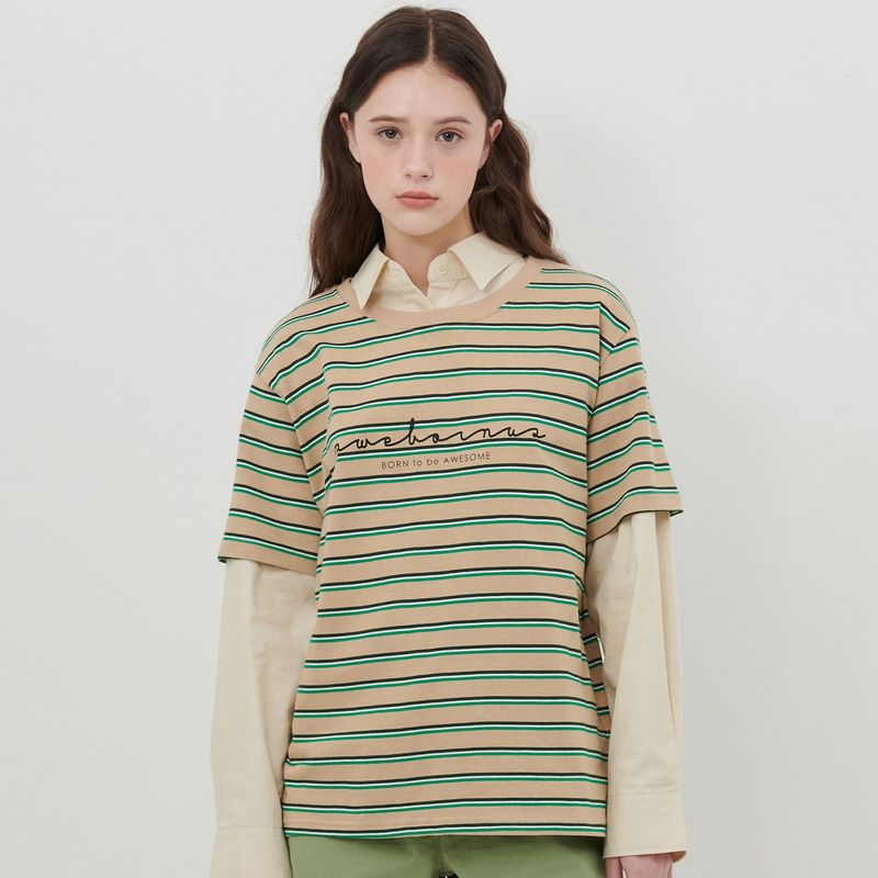 AWE BORN US（アボンアス）の「STRIPE LOGO T-SHIRT [BEIGE]（Tops）」