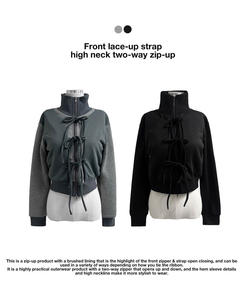 GUSTA（グスタ）の「Front lace-up strap fleece high-neck two-way zip-up (2 colors)（Tops）」