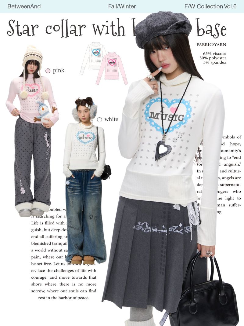 BETWEENAND（ビトゥウィーンアンド）の「BETWEENAND "Winter Whispers" Star Small High Collar Brushed Warm and Soft Long Sleeve Inner Undercover Shirt Winter（Tops）」