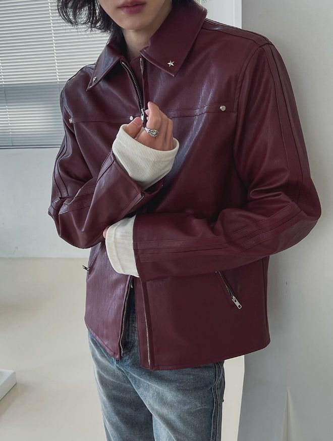 Star stud track line leather jacket