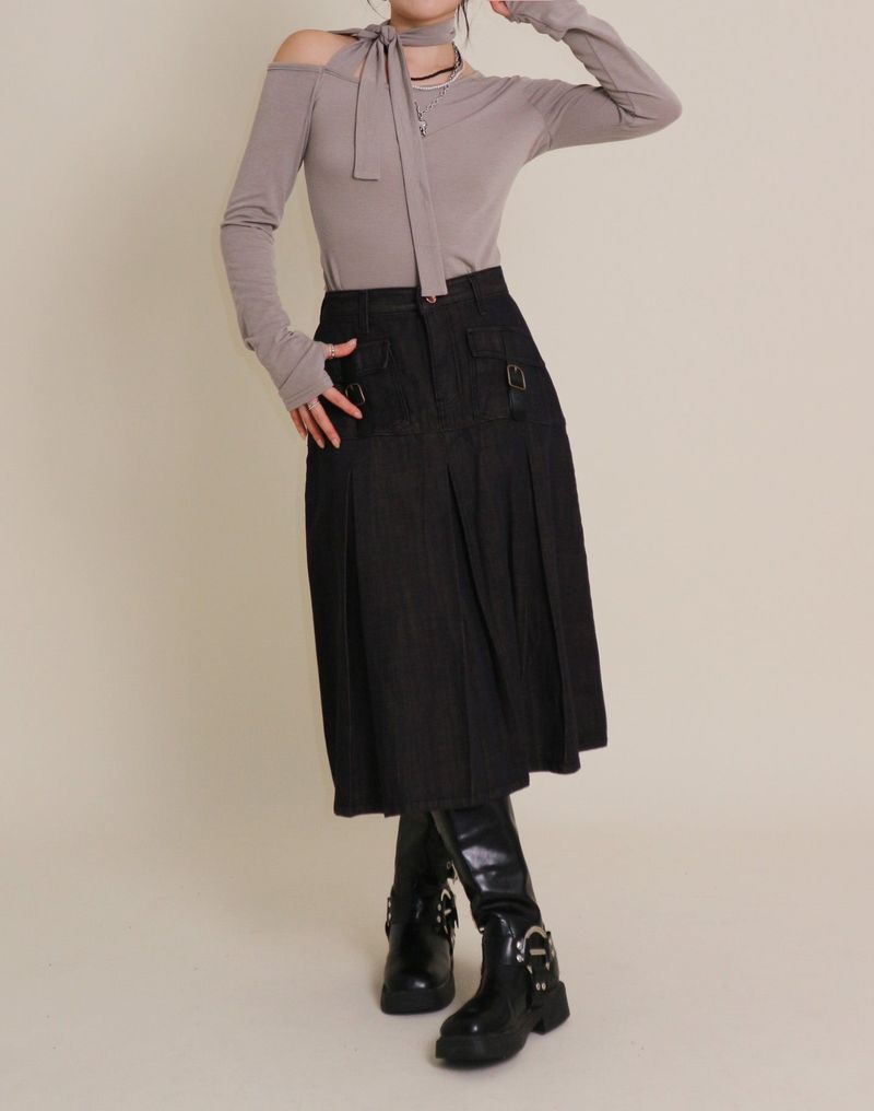 (Napping T-shirt) Euren One Shoulder Ribbon Tie Long-Sleeved Warmer T-Shirt