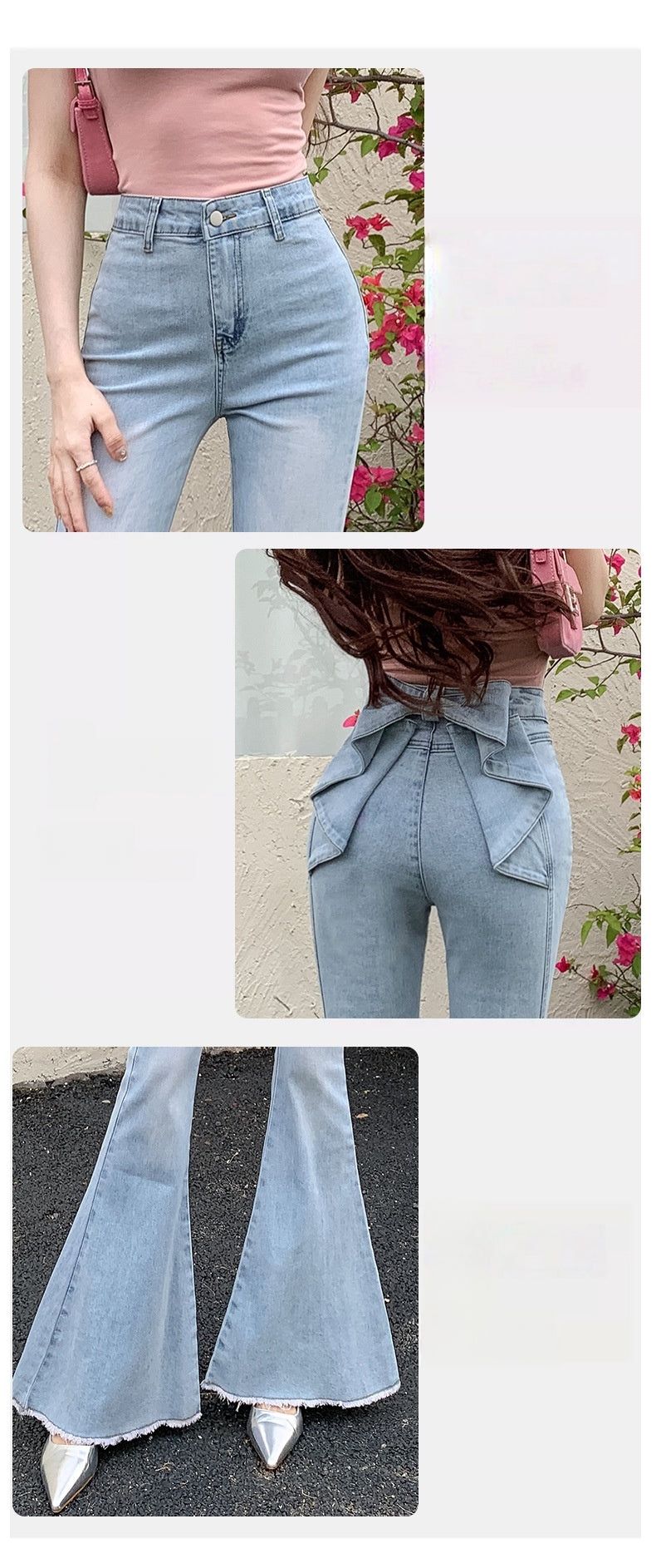 Ribbon Detail Denim Flare Pants
