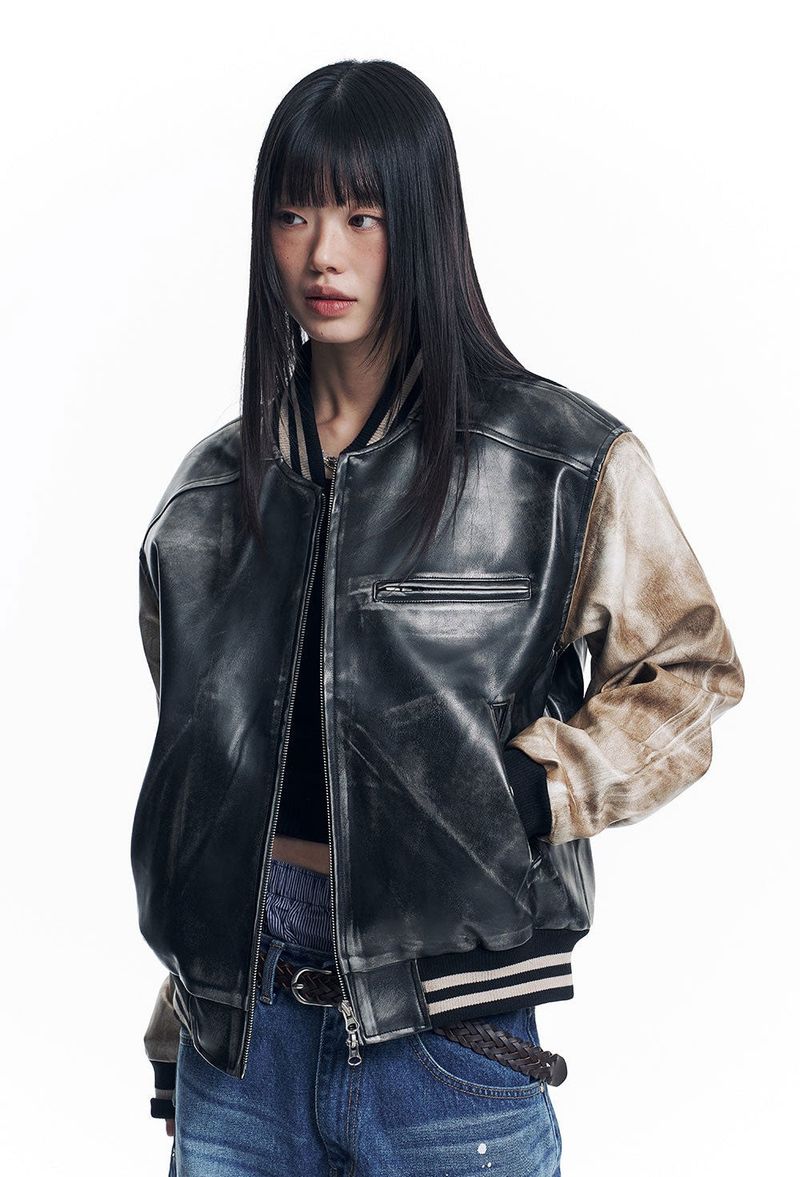 Dirty Washed Leather Varsity Jacket - Black