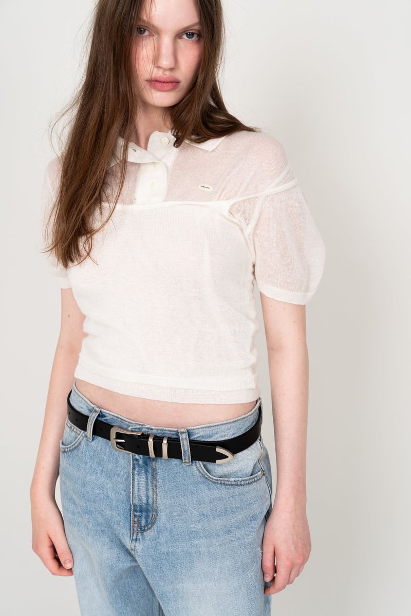 THEOHYOU（ザオユ）の「SEE-THROUGH COLLAR HALF KNIT (WHITE)（Tops）」