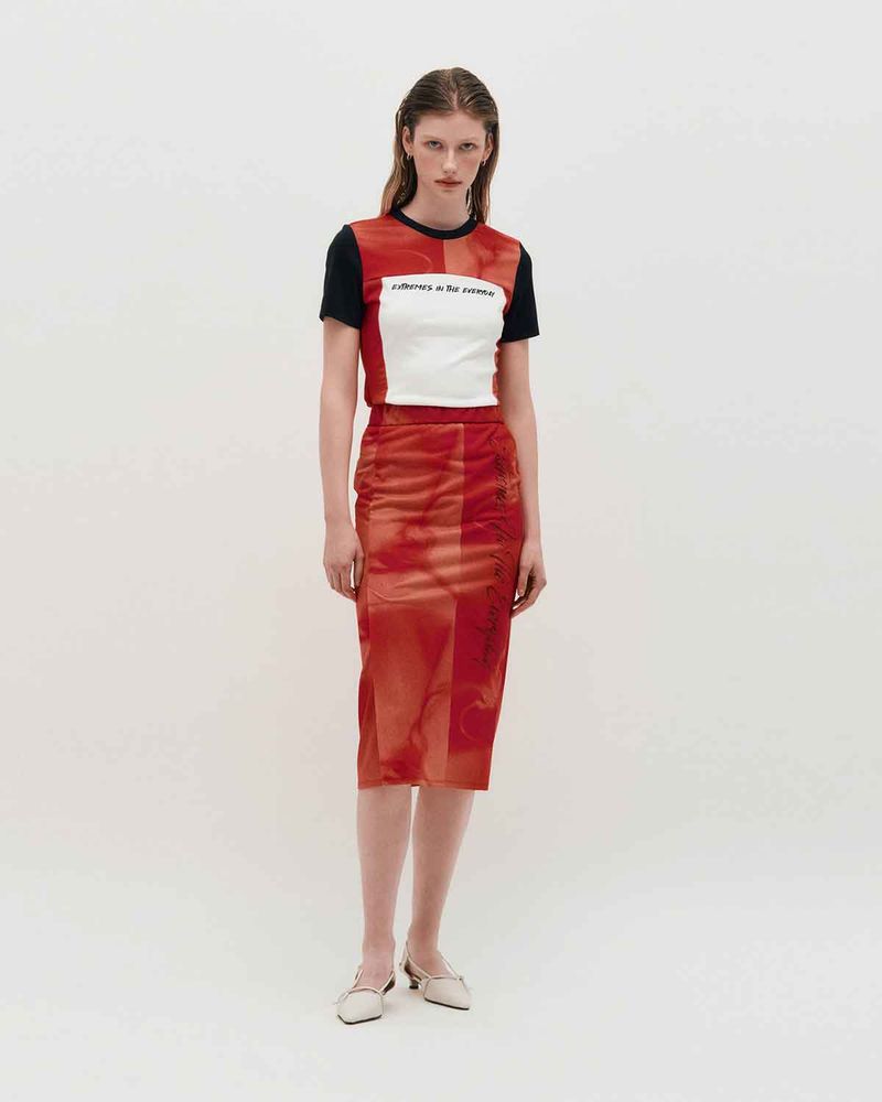 KIMZISU（キムジス）の「Embroidered Graphic Jersey Skirt _ RED（Skirts）」