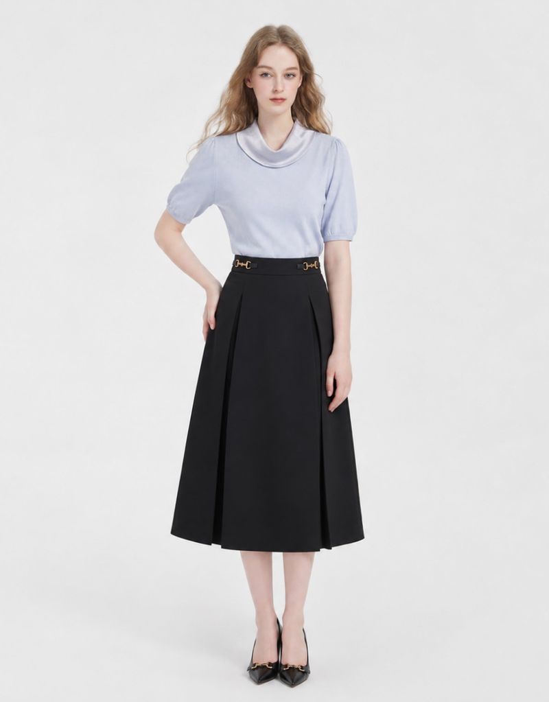 Mirabelle Gold Horsebit Pleated A-Line Midi Skirt Black