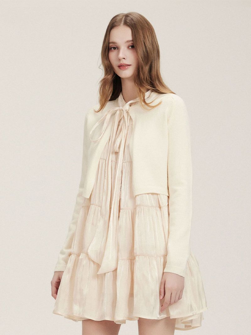 Peach puff ribbon neck shirt button dress