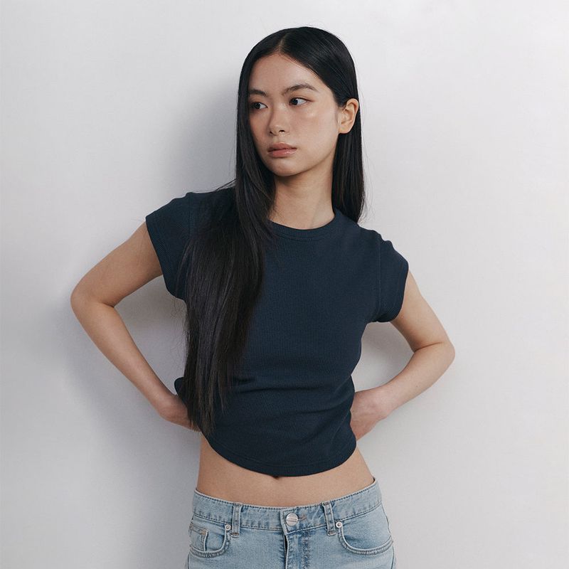 C 90S LINE WAFFLE BASIC T-SHIRT_NAVY