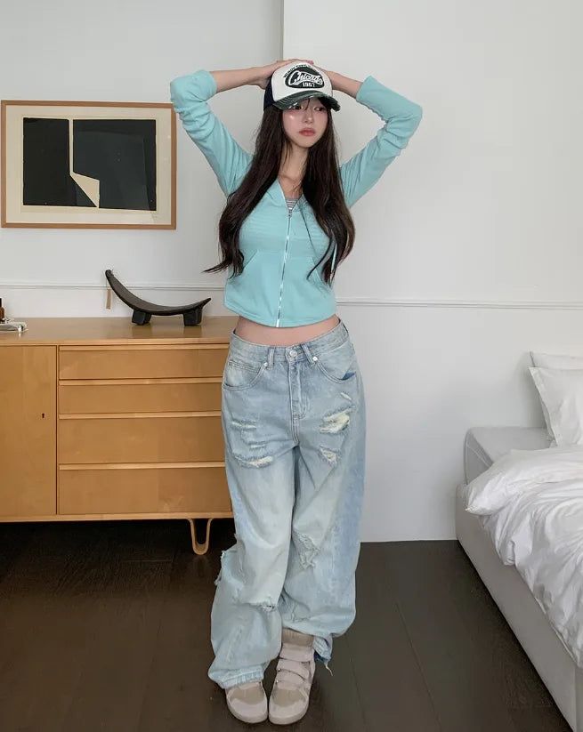 Slash Damaged Wide Denim Pants