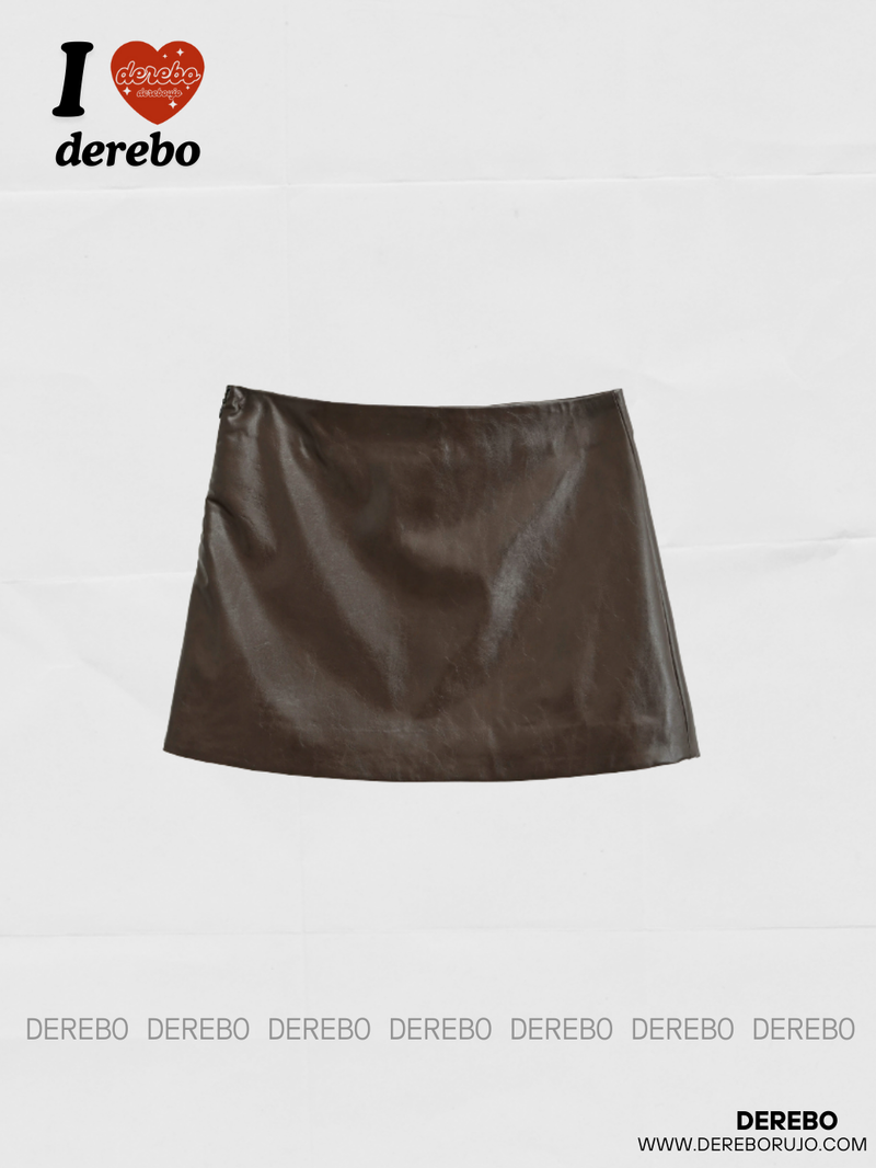 Olive leather A-line mini skirt