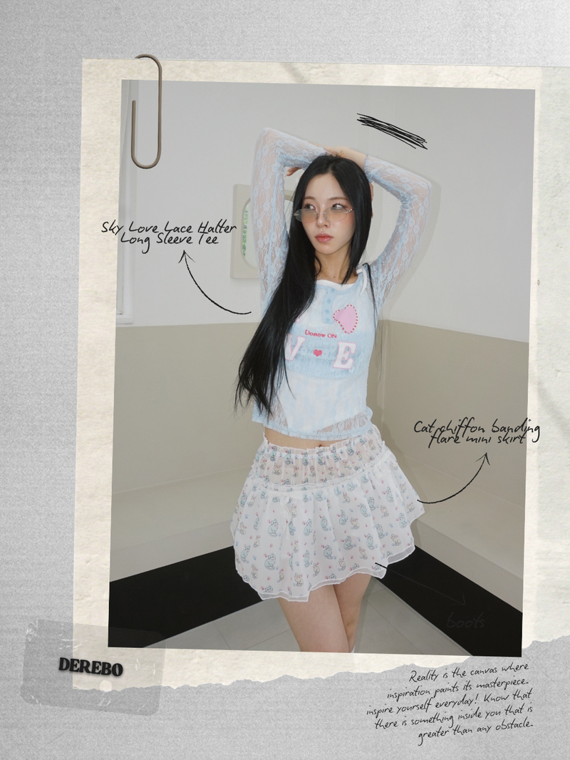 Cat chiffon banding flare mini skirt
