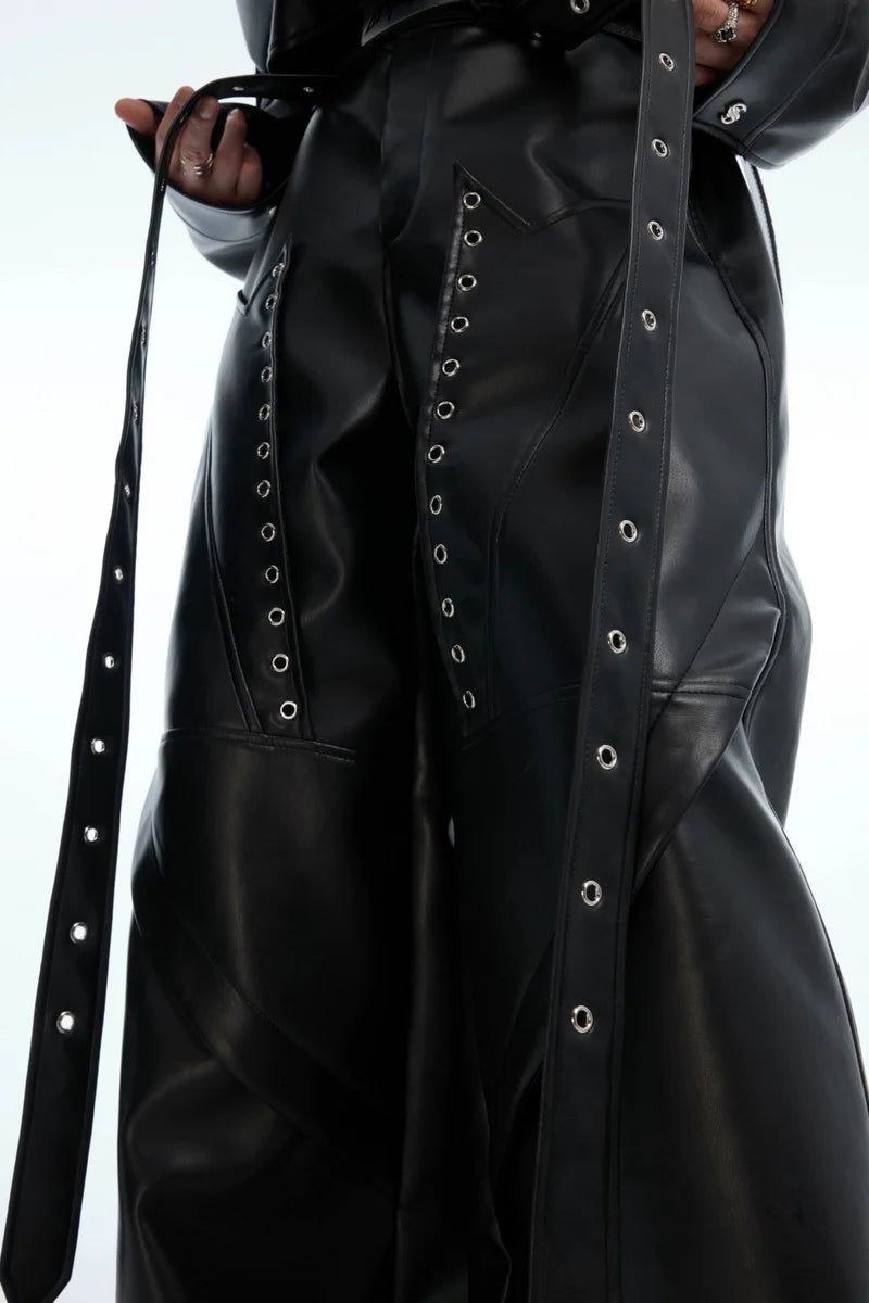 Deconstructed Studded Wide-Leg Leather Pants
