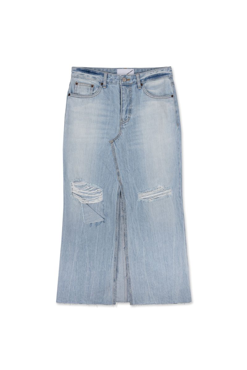 DAMAGED LONG DENIM SKIRT (BLUE)