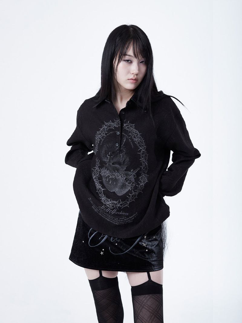 JACQUARD LEATHER COLLAR SHIRTS [BLACK]