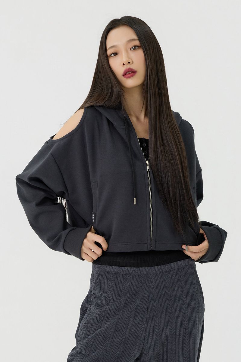 vadefy（ベイディフィー）の「Shoulder Cutout Crop Hooded Zip-Up, Charcoal（Jackets/Outerwear）」