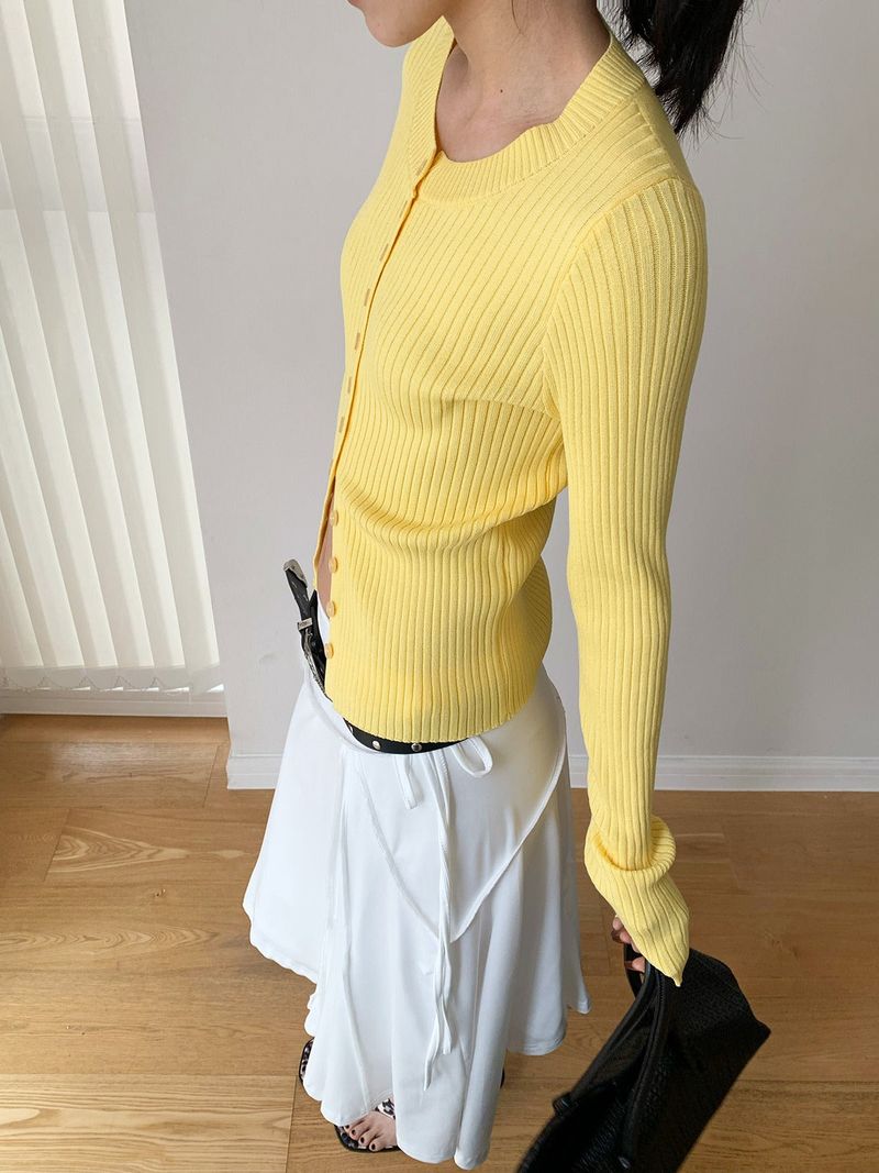 Color Round Neck Ribbed Button Cardigan