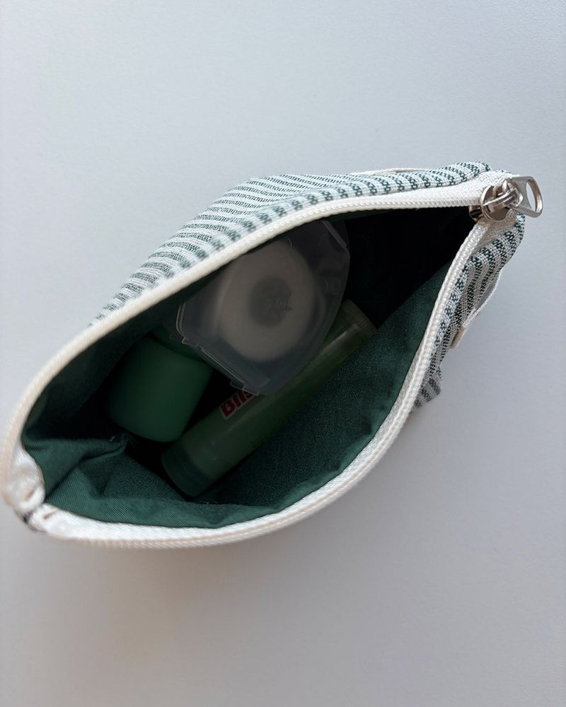 Linen stripe flat pouch - green , S size