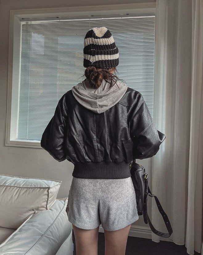 [Mink Lining] Phobia Winter Crop Leather Jacket