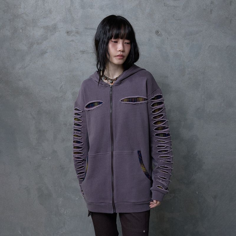 SLASHED CHECK HOODIE: PURPLE