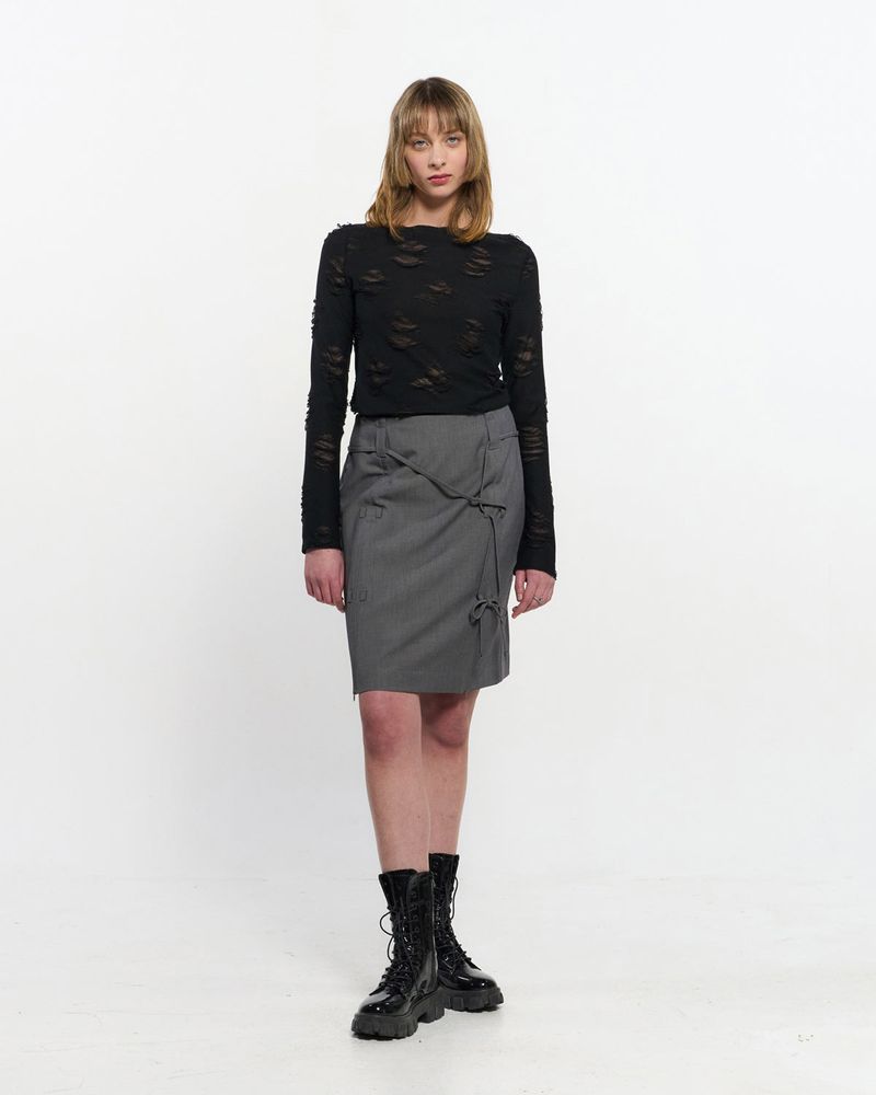 Ribbon Tied Slit Skirt _ GREY