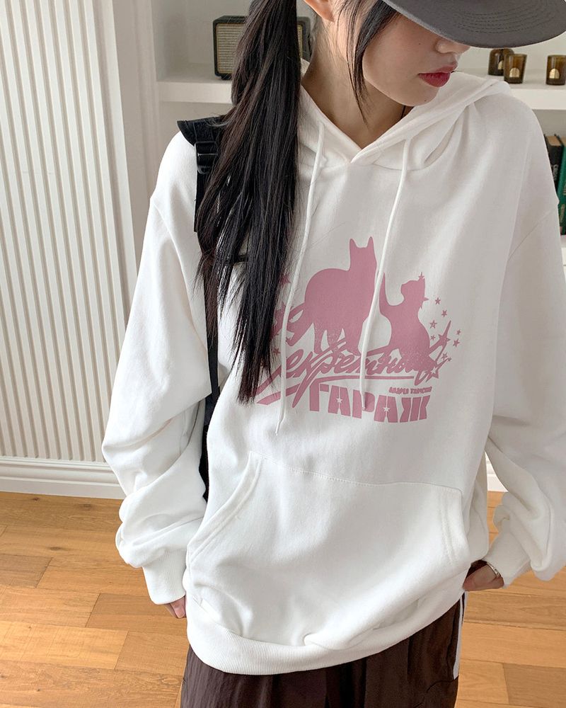 WONDER WONDER(ワンダーワンダー)の「Asop Y2K Cat Star-printing Long-Sleeved Hoodie T-Shirt(Tops)」